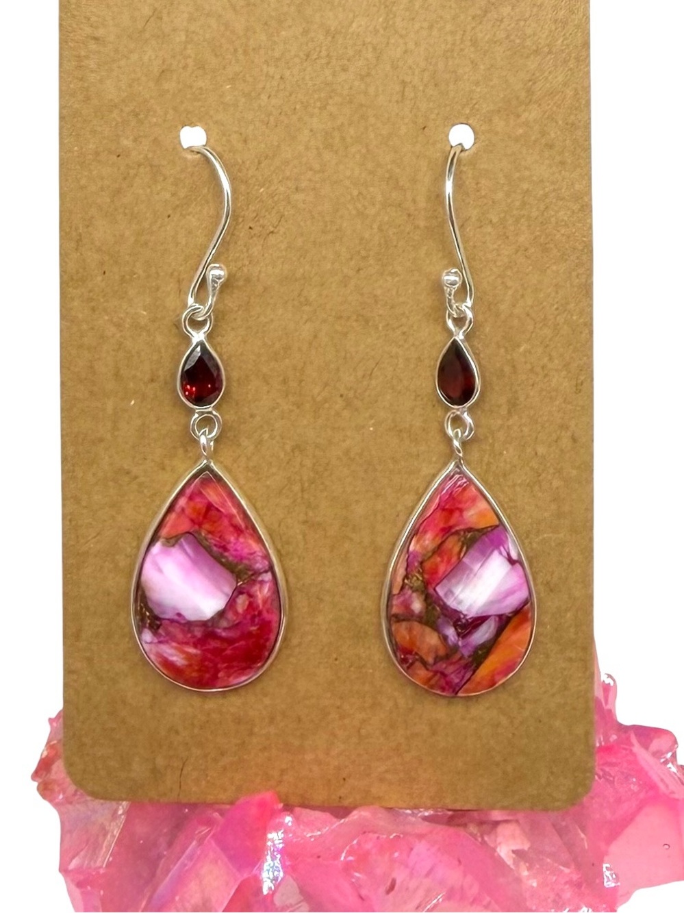 Kingman Pink Dahlia Turquoise Garnet Earrings Solid 925 Sterling Silver